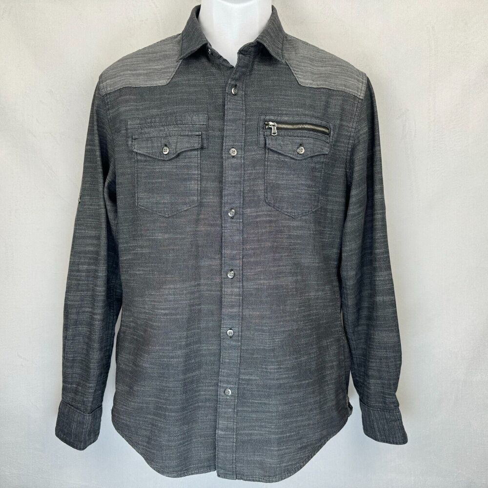Rock & Republic Shirt Size M Charcoal and Gray Button Down Roll Up Long Sleeve